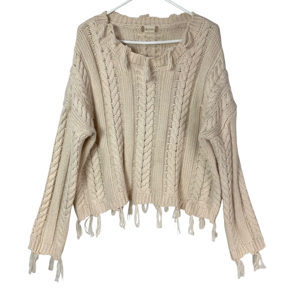 Altar'd State Cream Cable Knit Sweater L Pullover Scoop Neck Long Sleeve Frayed